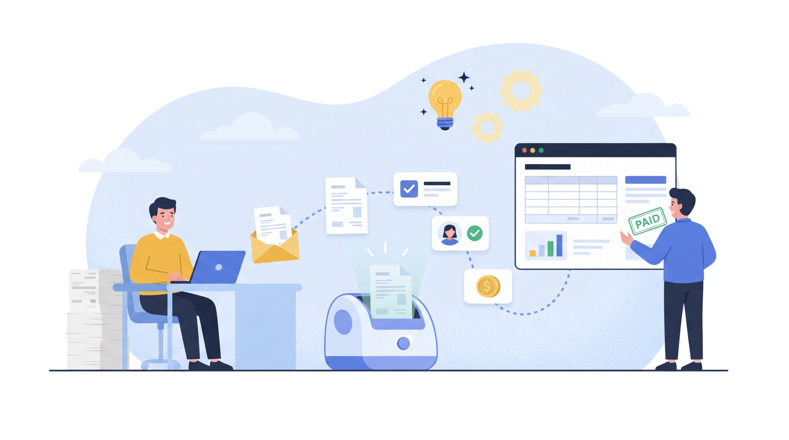 AI Invoice Processing InvoiceX Agent: incoming invoices scanned, matched to purchase orders, approved and posted to an accounting dashboard