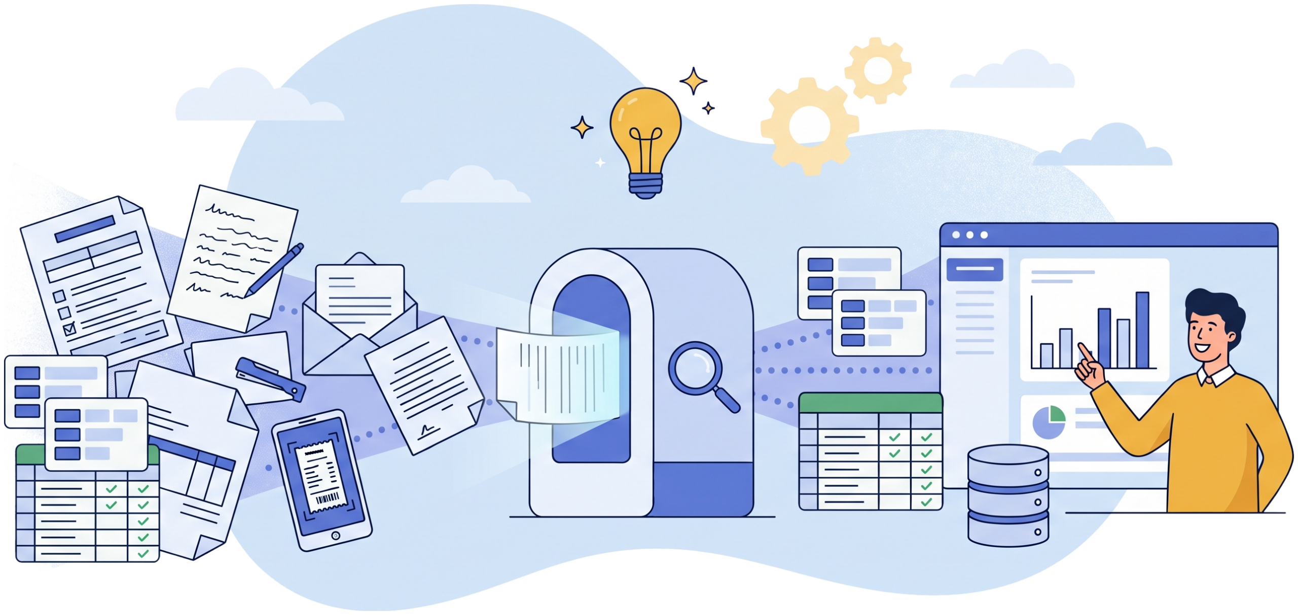 Automated Data Extraction DocExtractX Agent: forms, handwritten notes, emails, contracts and receipts read by an AI extraction engine and turned into clean tables and dashboards