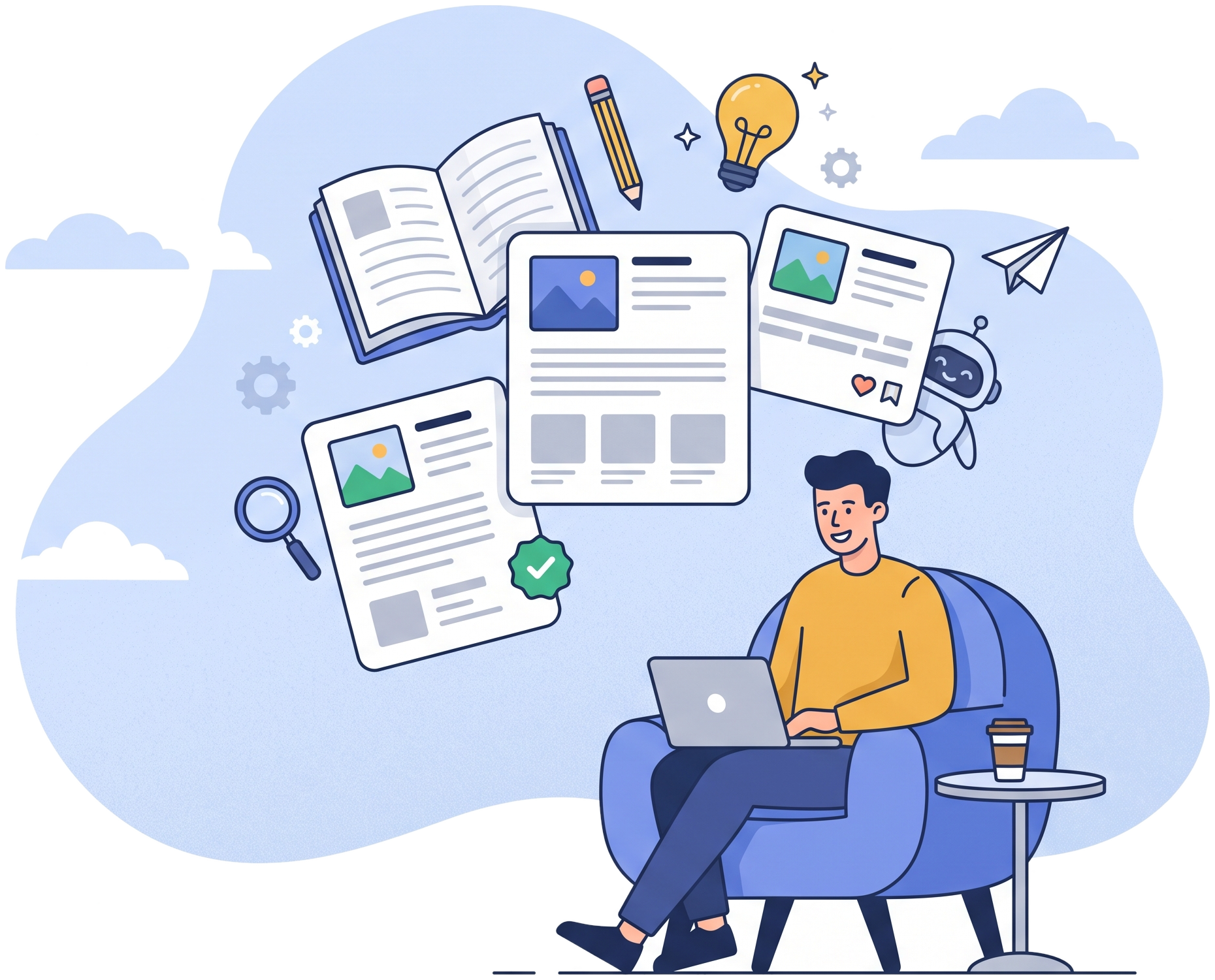 EvolveX automation blog: writer with a laptop surrounded by floating article cards, an open book and a lightbulb