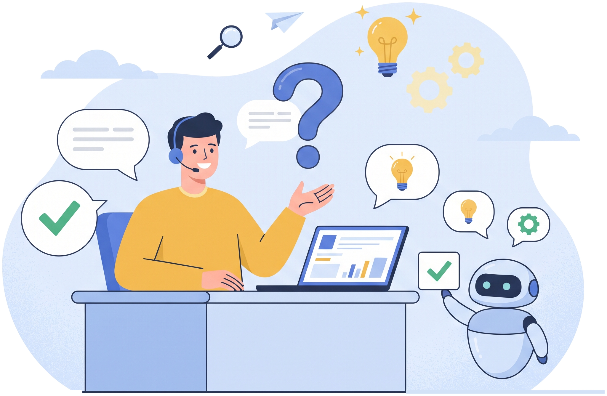 EvolveX automation FAQs: support specialist with a headset answering questions beside a large question mark, speech bubbles and a friendly robot