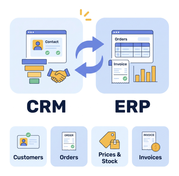CRM and ERP two-way sync of customers, orders, prices and stock, and invoices