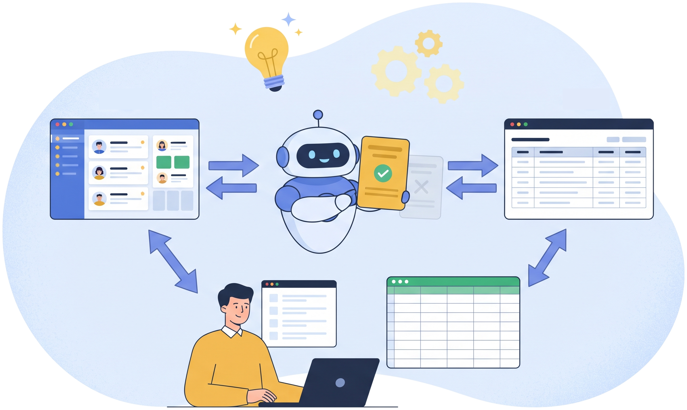 DataSyncX Agent DataSyncX Agent: a software robot holding a single verified master record between a CRM screen, an ERP table and a spreadsheet joined by two-way arrows, with duplicate cards fading away