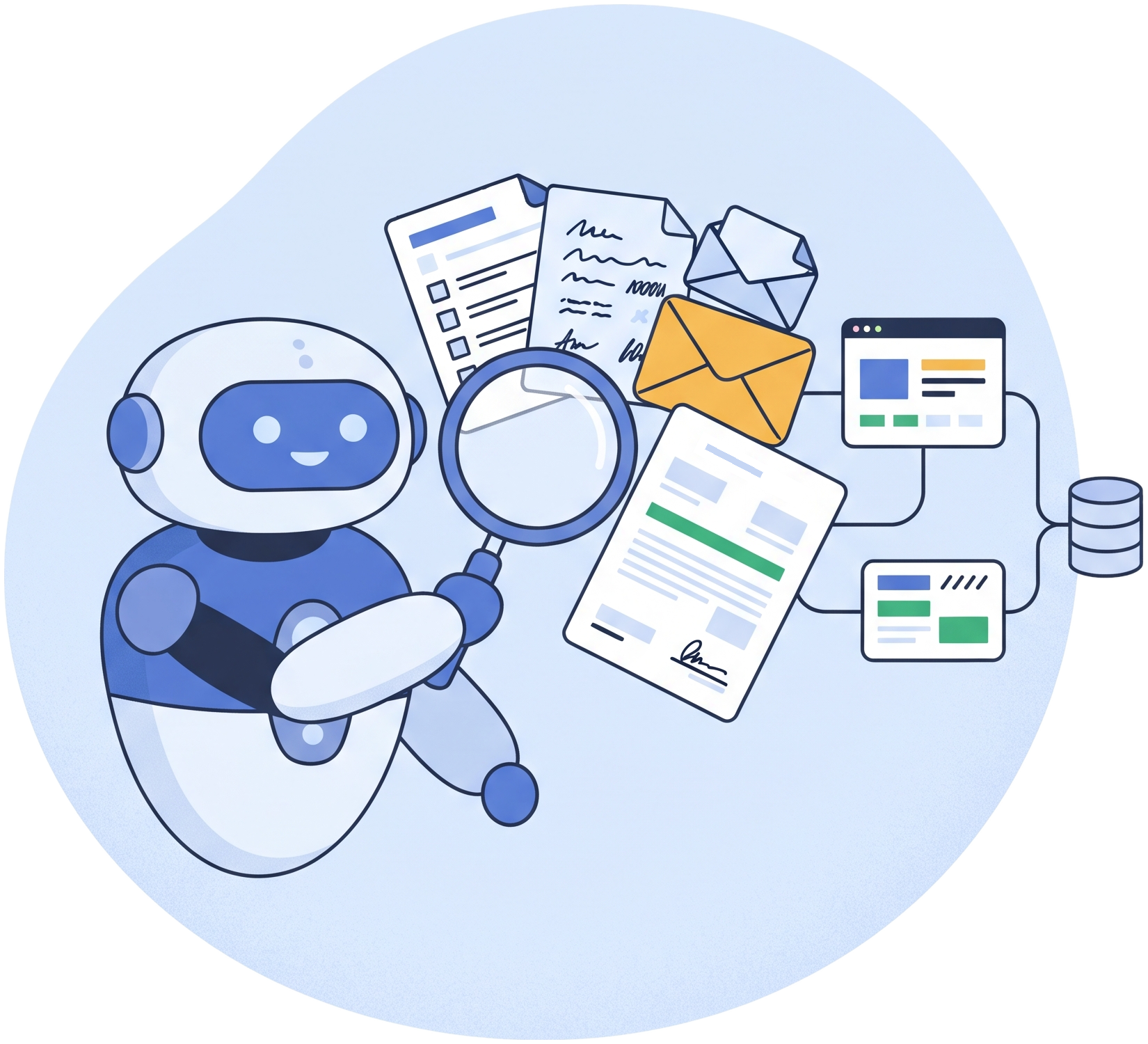 DocExtractX Agent DocExtractX Agent: software robot with a magnifying glass reading forms, handwritten notes, emails and contracts and turning them into clean data cards