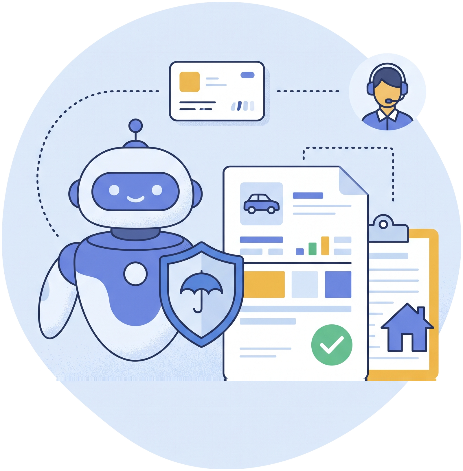 DocInsureX Agent DocInsureX Agent: software robot holding an insurance shield beside a motor claim form routed to a claims adjuster