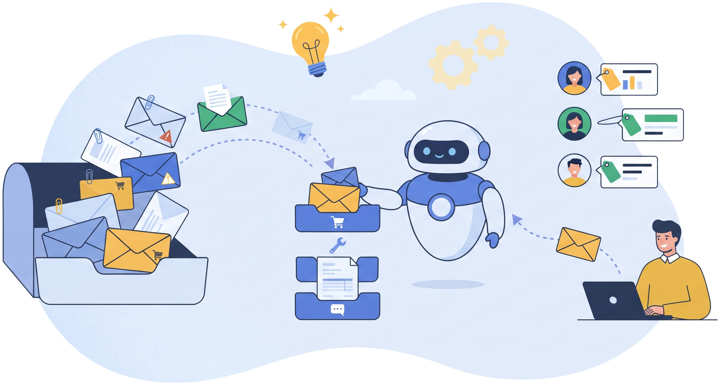 InboxX Agent: an overflowing shared mailbox sorted by a software robot into order, support, invoice and enquiry trays, with team members receiving tagged cards and a reply sent back