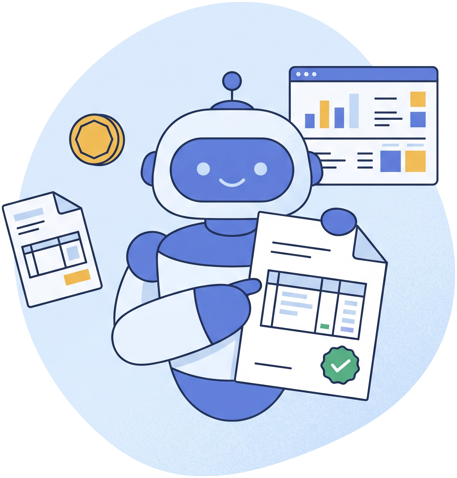 InvoiceX Agent InvoiceX Agent: software robot holding a verified supplier invoice beside a purchase order, a coin and an accounting dashboard