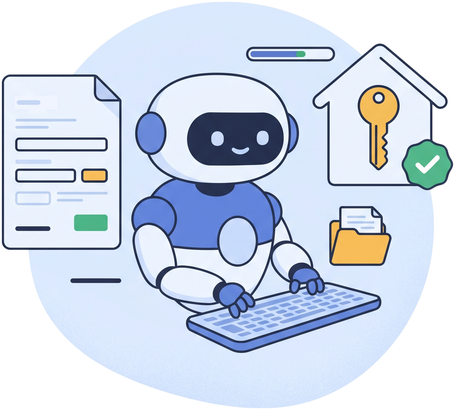 LoanProcessorX Agent LoanProcessorX Agent: software robot typing between a loan application form and a house with a key and a green check badge
