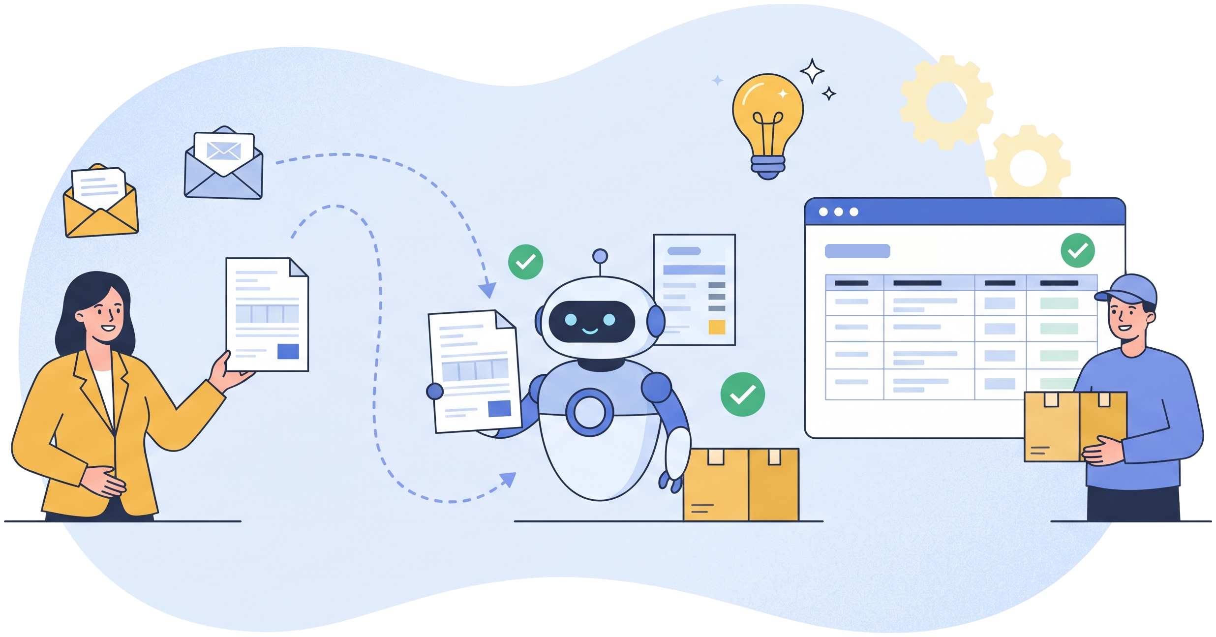 POMatchX Agent: a customer purchase order arrives by email, a software robot validates it against a price list and stock, and a confirmed sales order appears on an ERP screen