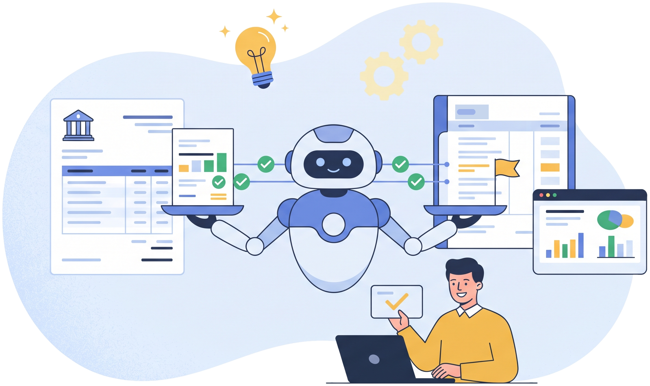 ReconcileX Agent: a software robot holds a level balance scale with a bank statement on one side and a ledger on the other, matching rows marked with green checks and one exception flagged