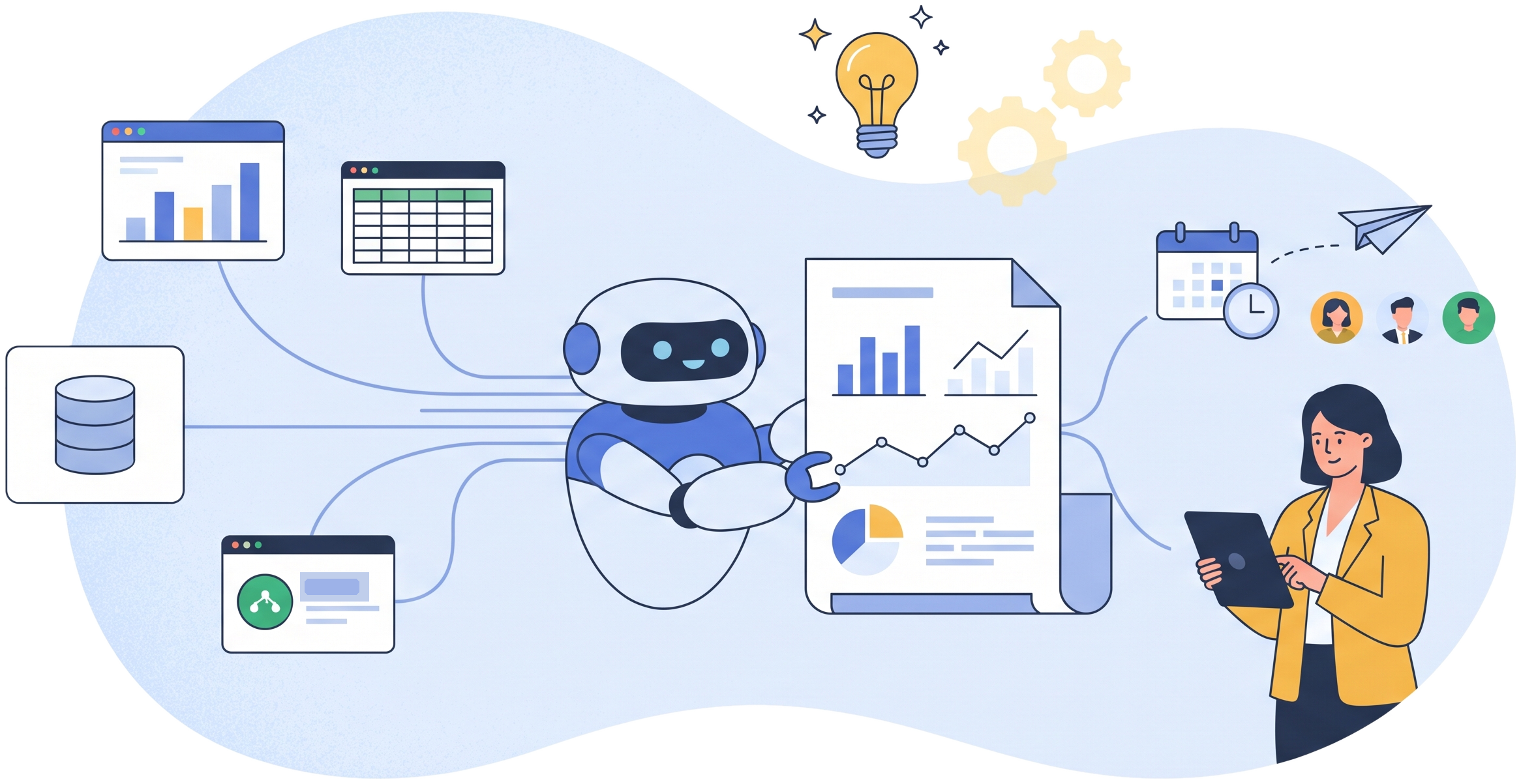 ReportX Agent: data from dashboards, spreadsheets, a database and a CRM flows into a software robot assembling a report with charts, then scheduled and sent to a team and a manager reading it on a tablet