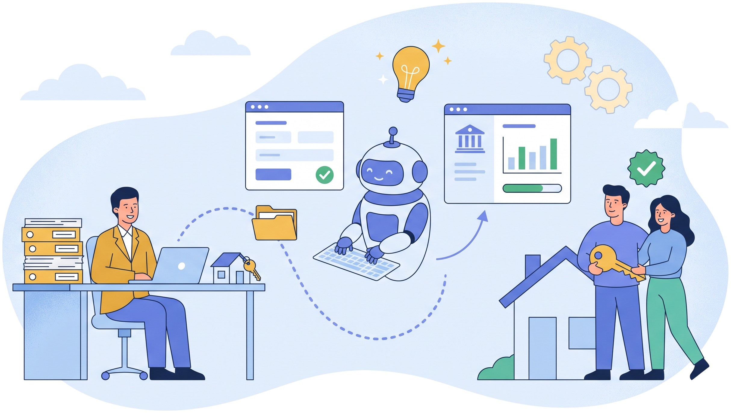LoanProcessorX Agent: a loan officer's application files handled by a software robot that moves data between a loan form and a lender dashboard, ending with a couple receiving their house keys