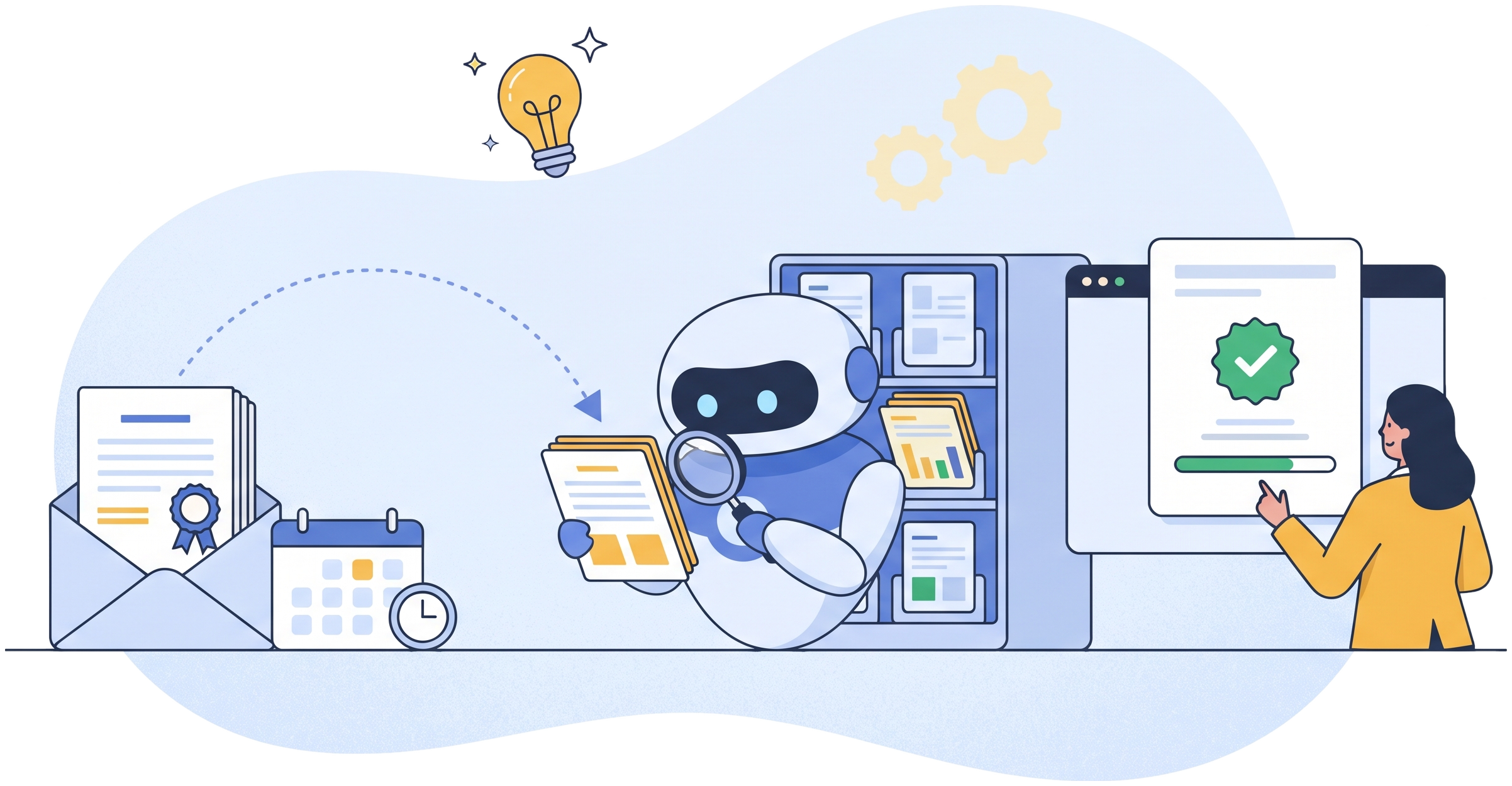 TenderX Agent: a tender document arrives with a deadline, a software robot reads it and pulls matching content from a library, and a bid manager reviews the assembled proposal with a green check