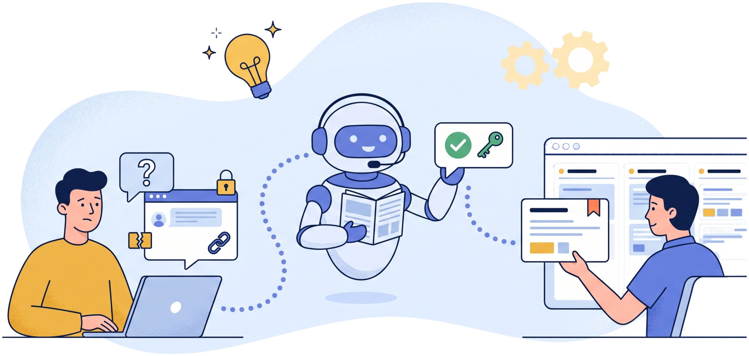 TicketX Agent: an employee with a question at a laptop, a software robot with a headset answering from a knowledge book and handing back a key, and an IT engineer receiving a summarised ticket